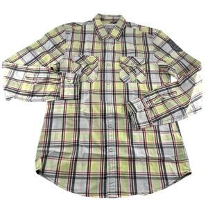 Guess Shirt Mens Medium Green White Red Plaid Button Up Long Sleeve Work Dressy